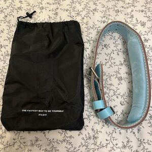 Blue Weightlifting Belt with Black Drawstring Bag
